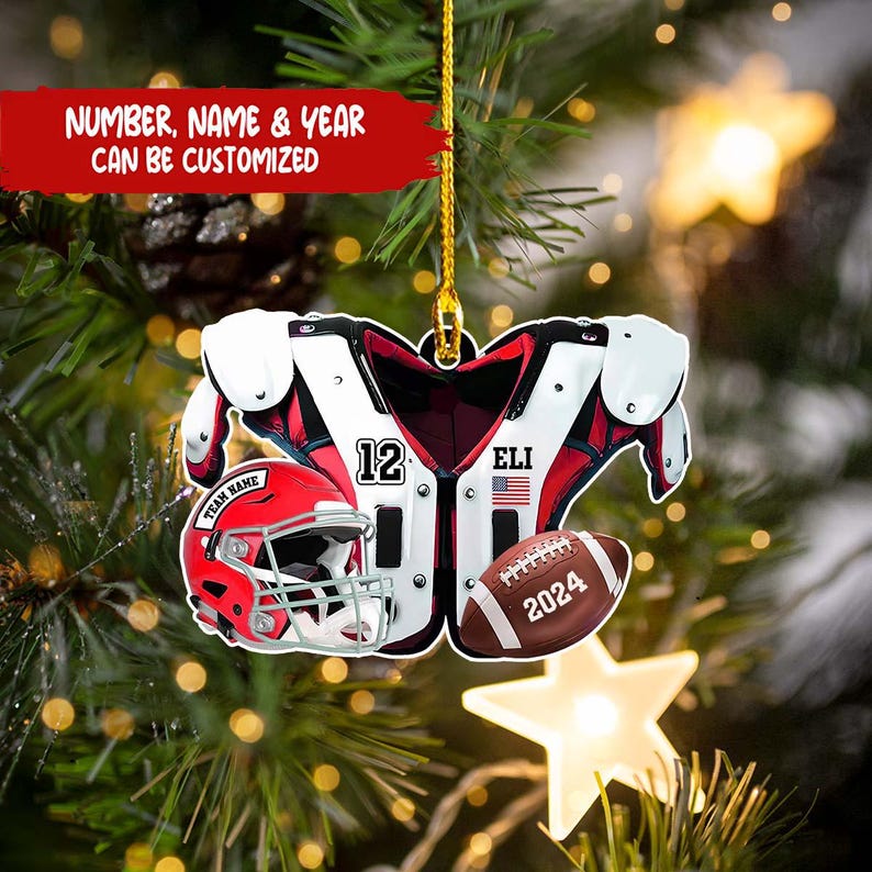 Personalized American Football 2D Flat Christmas Ornament, Xmas Gift For Football Lover, Custom Football Shoulder Pads And Helmet Ornament