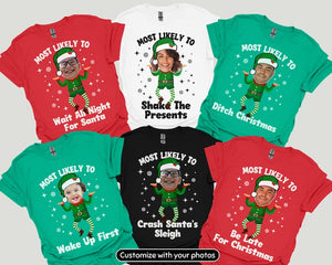 Funny Personalized Matching Christmas Pajama Shirts, Custom Most Likely To Family Face Photo T-Shirts, Cute Group Holiday Tees, Picture PJs
