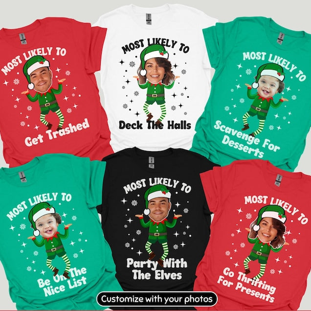 Funny Personalized Matching Christmas Pajama Shirts, Custom Most Likely To Family Face Photo T-Shirts, Cute Group Holiday Tees, Picture PJs