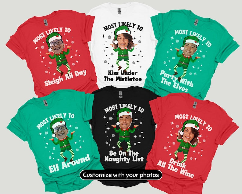 Funny Personalized Matching Christmas Pajama Shirts, Custom Most Likely To Family Face Photo T-Shirts, Cute Group Holiday Tees, Picture PJs