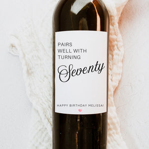 Pairs well with turning Seventy, Custom 70th Birthday Wine Label, Birthday Label, Gift for Her, Birthday Champagne label, 70th mini bottles