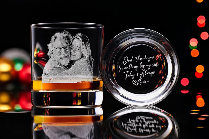 Engraved Whiskey Glass with Custom Photo & Handwriting - Perfect Personalized Christmas Gift for Dad and Husbands
