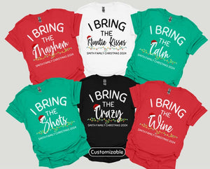 Funny Personalized Matching Christmas Pajama Shirts, Custom Name I Bring The Family Fun T-Shirts, Cute Group Holiday Tees, Picture PJs