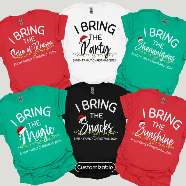 Funny Personalized Matching Christmas Pajama Shirts, Custom Name I Bring The Family Fun T-Shirts, Cute Group Holiday Tees, Picture PJs