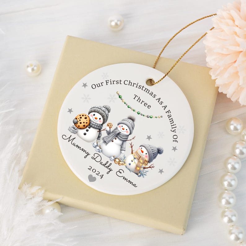 Personalised First Christmas as A Family of Three, Cute Snowman Family Christmas Bauble, New Baby Christmas Ornament, Family First Xmas Gift