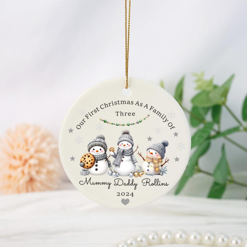 Personalised First Christmas as A Family of Three, Cute Snowman Family Christmas Bauble, New Baby Christmas Ornament, Family First Xmas Gift