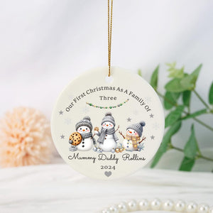 Personalised First Christmas as A Family of Three, Cute Snowman Family Christmas Bauble, New Baby Christmas Ornament, Family First Xmas Gift