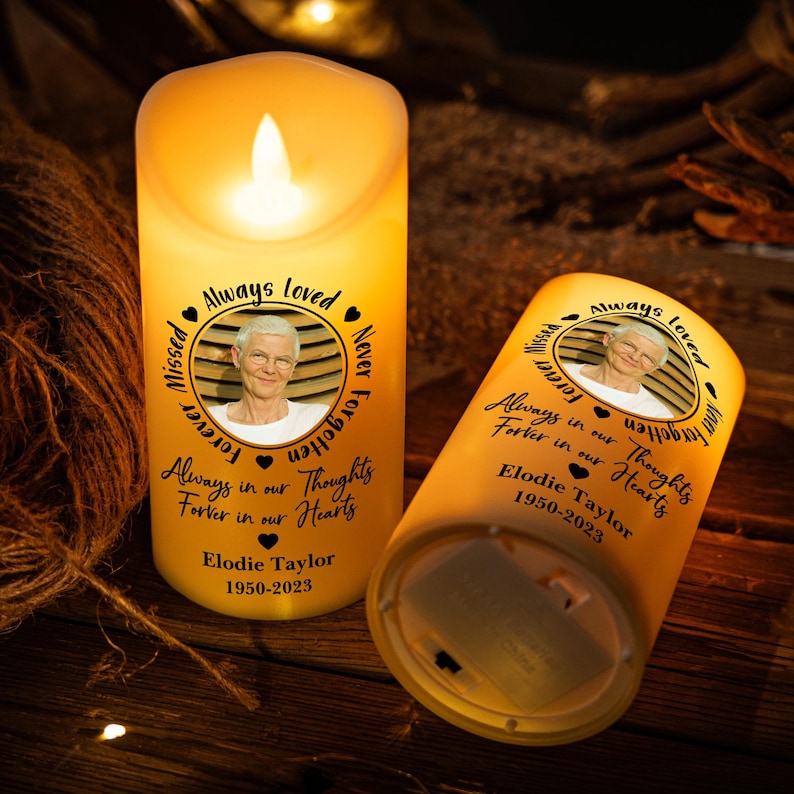 Always Loved, Never Forgotten, Forever Missed - Personalized Photo LED Candle, Custom Photo Sympathy Candle, Bereavement Gifts For Family