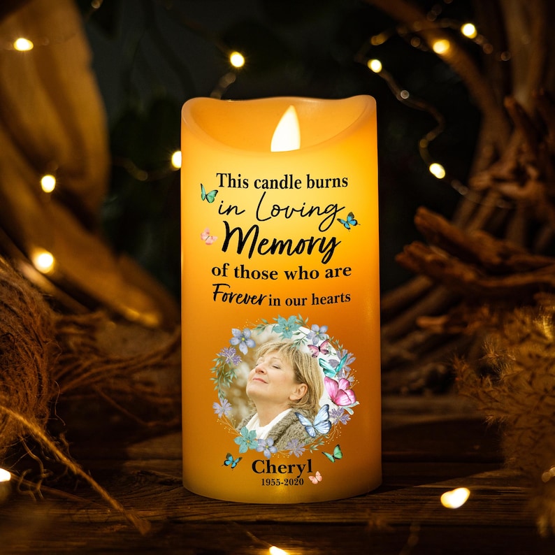 This Candle Burns In Loving Memory - Personalized Photo LED Candle, Custom Photo Sympathy Candle, Bereavement Gifts For Family, Gift for Mom