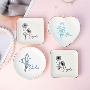 Personalised Birth Flower Ring Dish, Custom Colorful Floral Jewelry Dish, Name Trinket Dish, Wedding Bridesmaid Gift, Birthday Gift for Her, Mother's Day Gift