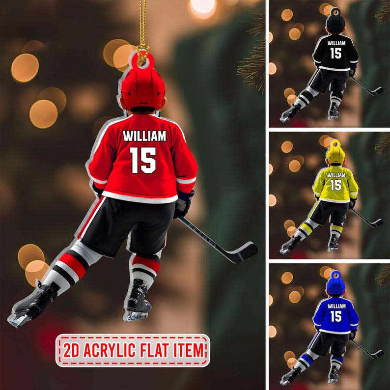 Personalized Kid Hockey PlayerOrnament, 2D Flat Acrylic Ornament Not 3D, Custom Name Number Hockey Ornament, Hockey Ornament, Hockey Uniform