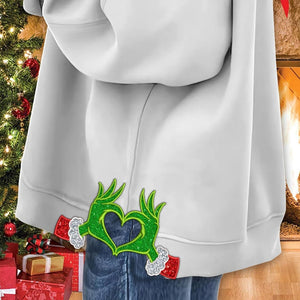 Personalized Merry Grinchmas Hand Heart Side Bow Sweatshirt, Custom Bow Applique Embroidery Sweatshirt, Greench Bow Embroidery Design, Greench Family Gift, Christmas Gift