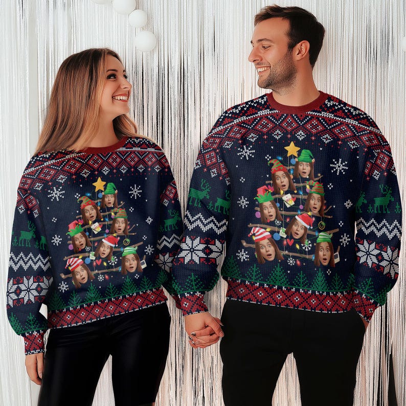 Custom Face Christmas Sweatshirt For Men Women, Funny Family Tree Christmas Ugly Sweater Shirt, Matching Sweatshirts for Reunion Festie