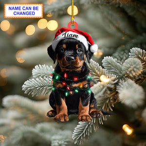 Custom Name Rottweiler Cute Dog With Santa Hat Christmas Lights Ornament, Christmas Tree Hanging Decor, Christmas Ornament, Flat 2D Ornament