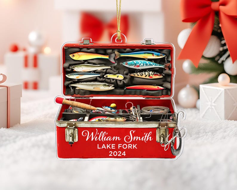 Personalized Fishing Christmas Ornament, Fisherman Tackle Box Ornament, Fisherman Christmas Gifts, Dad Fishing Ornament Husband Fishing Gift