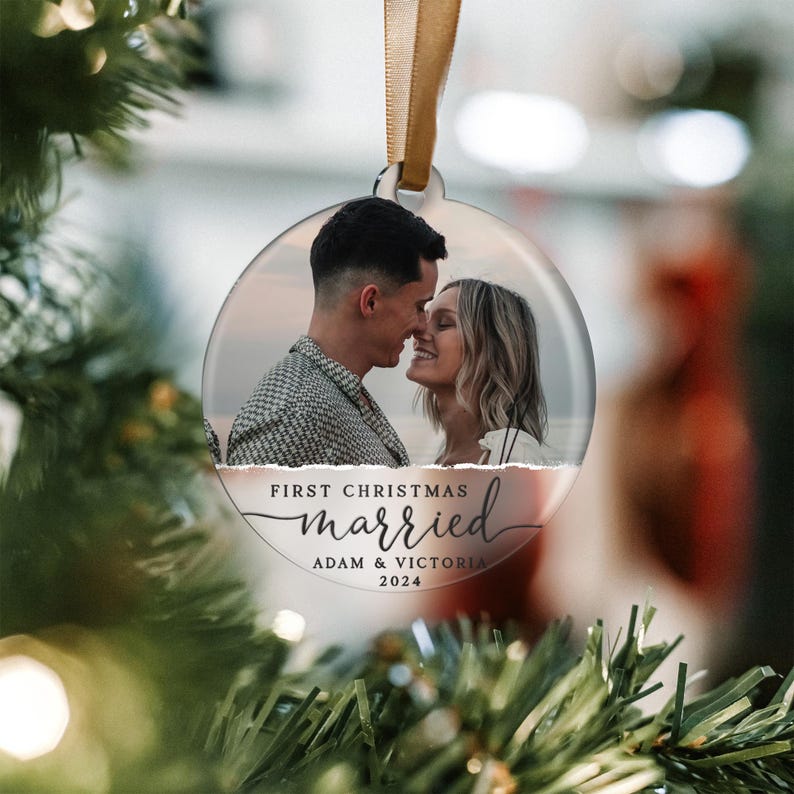 Personalised First Christmas Married Ornament 2024, Custom Photo Bauble for Newlyweds, Unique Wedding Keepsake Gift