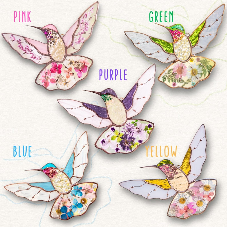 Hummingbird Stained Glass Window Hangings Christmas Gifts Pressed Flower Art Custom Stained Glass Hummingbird Suncatcher Gifts For Mom