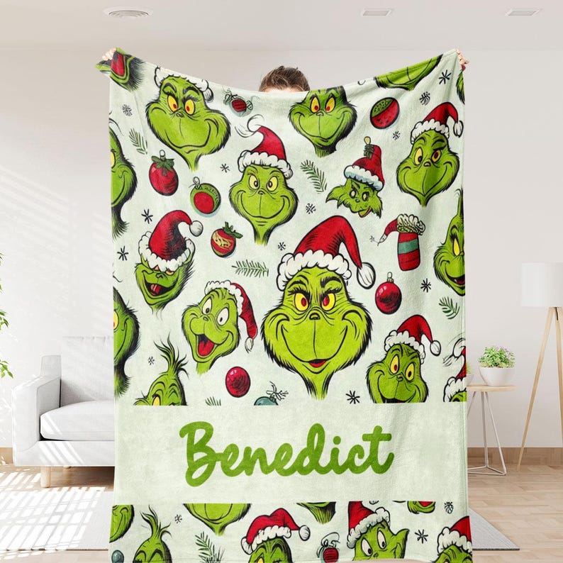Personalized Name Grinch Blanket Grinchmas Blanket Cartoon Blanket For Boy and Girl Best Gift Blanket Custom Christmas Throw Blanket