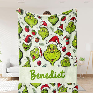 Personalized Name Grinch Blanket Grinchmas Blanket Cartoon Blanket For Boy and Girl Best Gift Blanket Custom Christmas Throw Blanket
