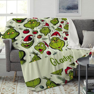 Personalized Name Grinch Blanket Grinchmas Blanket Cartoon Blanket For Boy and Girl Best Gift Blanket Custom Christmas Throw Blanket