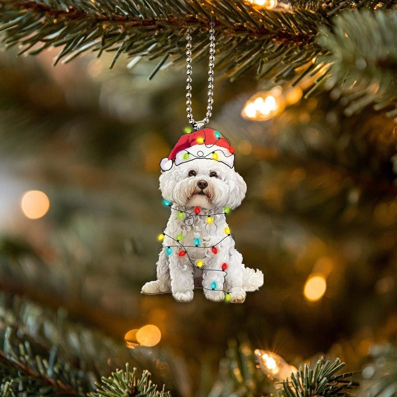 Funny Bichon Frisé Ornament, Dog with Santa Hats and Lights, Bichon Frisé Dog Car Hanging Ornament, Christmas Gifts, Bichon Dog Lover Gifts