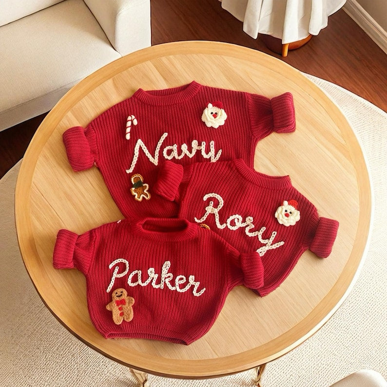 Red Baby Christmas Sweater|Personalized Santa Sweater with Name|Holiday Knit Outfit for Babies|Baby's First Christmas Outfit|Christmas Gift