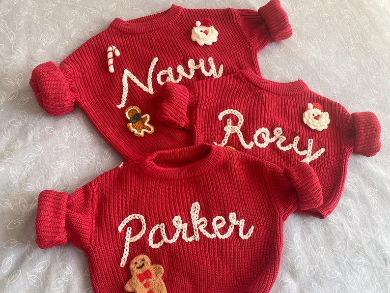 Red Baby Christmas Sweater|Personalized Santa Sweater with Name|Holiday Knit Outfit for Babies|Baby's First Christmas Outfit|Christmas Gift