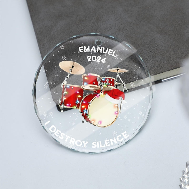 Destroy Silence Custom Drum Glass Ornament, Personalized Drummer Christmas Ornament, Unique Gift for Musicians, Custom Drum-Themed Keepsake for Drum Lovers