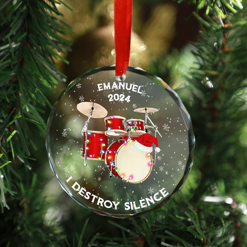 Destroy Silence Custom Drum Glass Ornament, Personalized Drummer Christmas Ornament, Unique Gift for Musicians, Custom Drum-Themed Keepsake for Drum Lovers