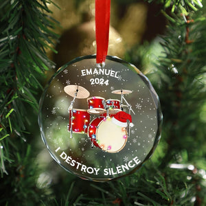 Destroy Silence Custom Drum Glass Ornament, Personalized Drummer Christmas Ornament, Unique Gift for Musicians, Custom Drum-Themed Keepsake for Drum Lovers