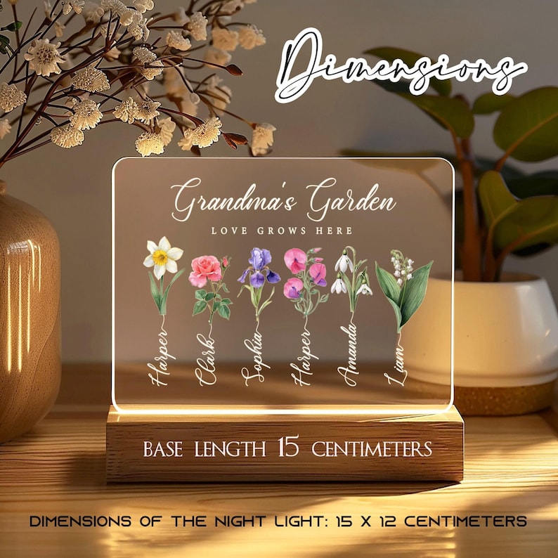Personalized Birth Flowers Print with Names - Moms Garden and Grandmas Garden LED Night Light Family Birth Month Flowers Christmas Gifts