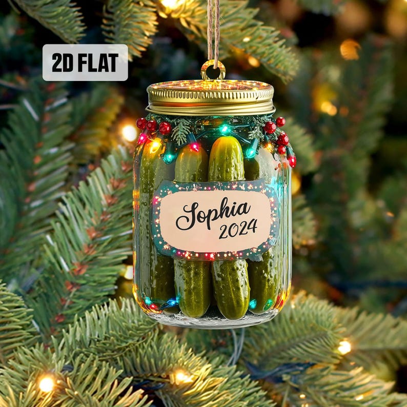 Personalized Pickle Jar 2D Flat Ornament, Pickle Rearview Mirror Car Accessories, Pickle Jar Christmas Ornament, Pickle Lovers Gifts for Her