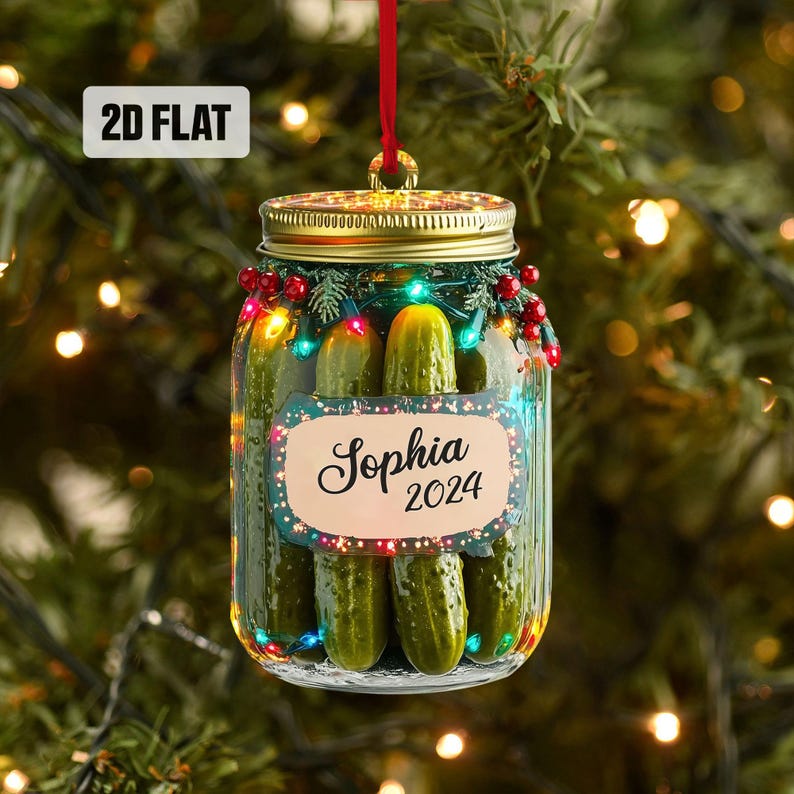 Personalized Pickle Jar 2D Flat Ornament, Pickle Rearview Mirror Car Accessories, Pickle Jar Christmas Ornament, Pickle Lovers Gifts for Her