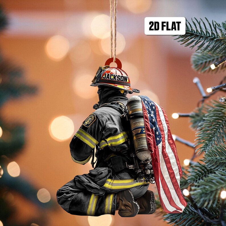 Personalized Firefighter 2D Flat Christmas Ornament, Custom Firefighter On Duty Acrylic Ornament, Fireman Dad Gift, Christmas Firefighter