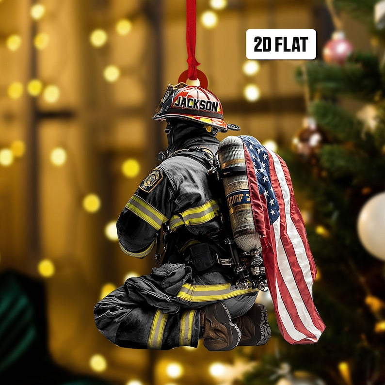 Personalized Firefighter 2D Flat Christmas Ornament, Custom Firefighter On Duty Acrylic Ornament, Fireman Dad Gift, Christmas Firefighter