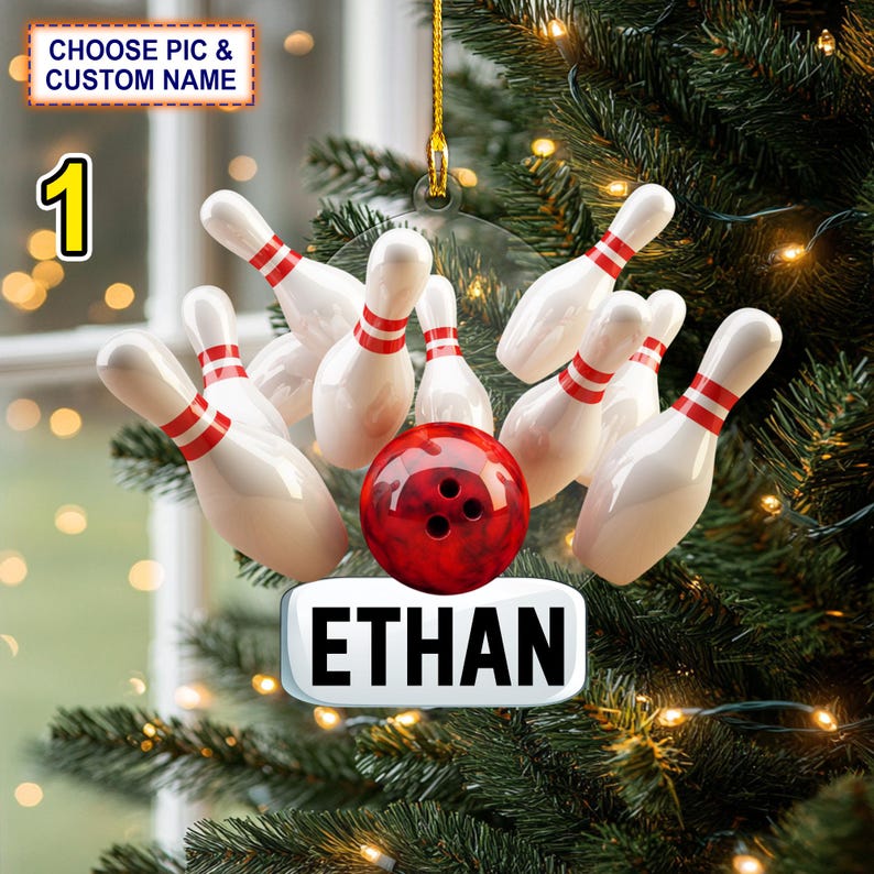 Custom Name Bowling Strike Personalized Ornament, Christmas Tree Hanging Decor, Christmas Ornament, 2D Flat Ornament
