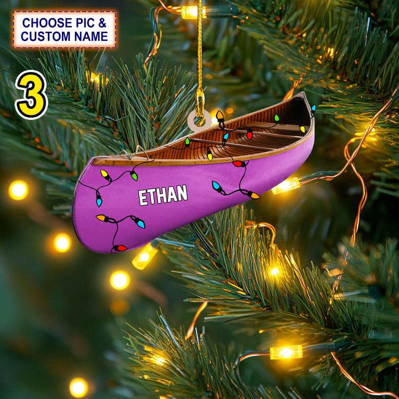 Custom Name Canoe Xmas Personalized Ornament, Christmas Tree Hanging Decor, Christmas Ornament, 2D Flat Ornament