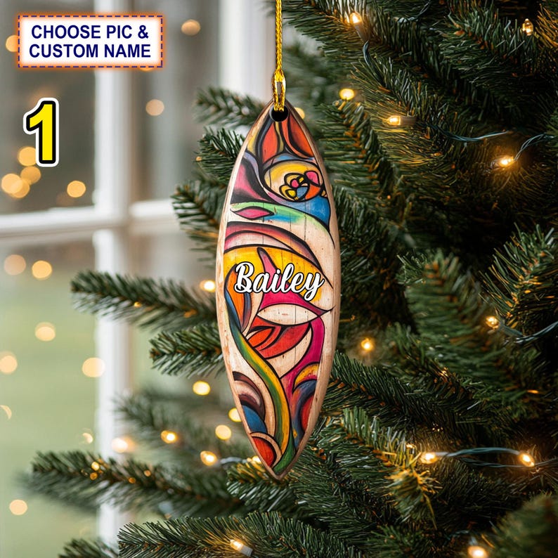 Custom Name Surfboard Colorful Personalized Ornament, Christmas Tree Hanging Decor, Christmas Ornament, 2D Flat Ornament