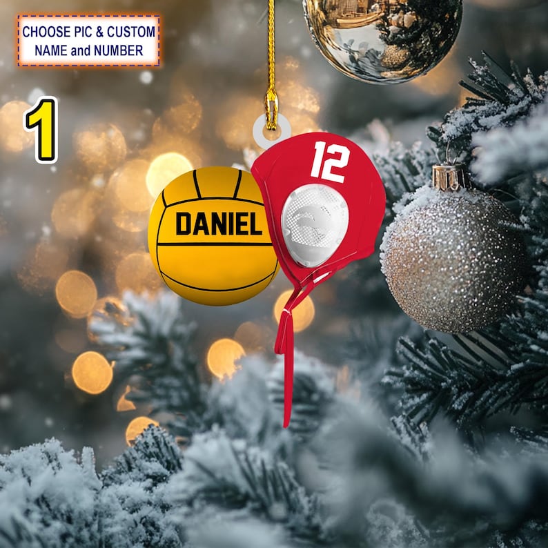Custom Name Water Polo Ball And Cap Personalized Ornament, Christmas Tree Hanging Decor, Christmas Ornament, 2D Flat Ornament