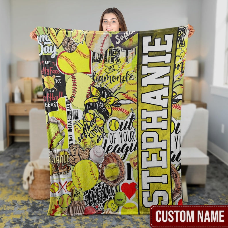 Personalised Softball Blanket, Custom Softball Player Blanket, Sports Blanket, Custom Gift, Plush Blanket, Soft Cozy Throw, Sport Lover Gift