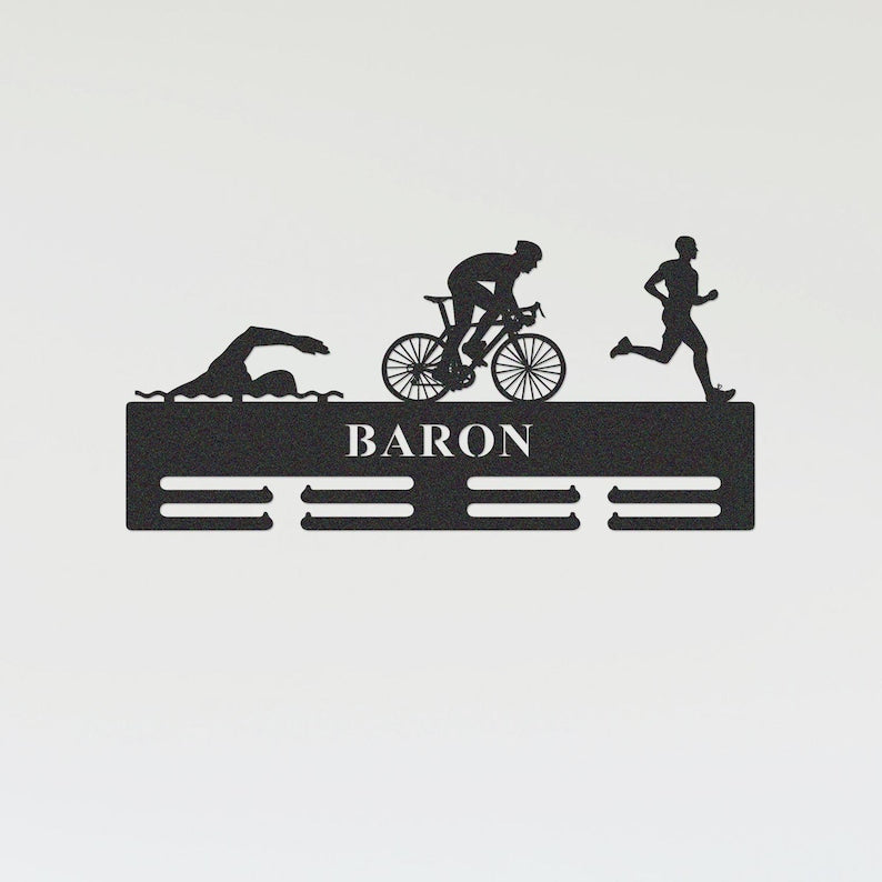 Custom Triathlon Medal Hanger Monogram, Triathlon Medal Hanger,Personalized Triathlon Medal Holder, Triathlon Medal Display,Name Awards Sign