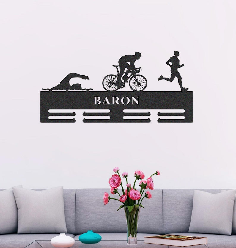 Custom Triathlon Medal Hanger Monogram, Triathlon Medal Hanger,Personalized Triathlon Medal Holder, Triathlon Medal Display,Name Awards Sign