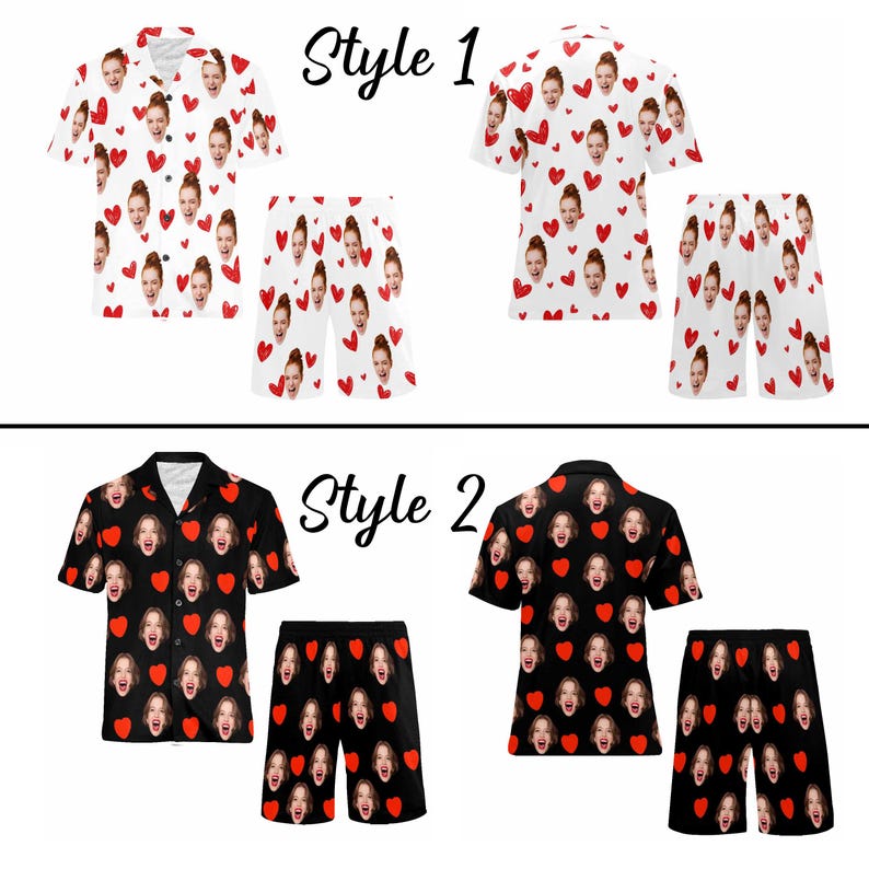 Custom Photo Hearts Pajamas,Personalized Face Short Pajama Set for Men/Women,Custom Heart Couple PJs,Birthday/Anniversary Gifts