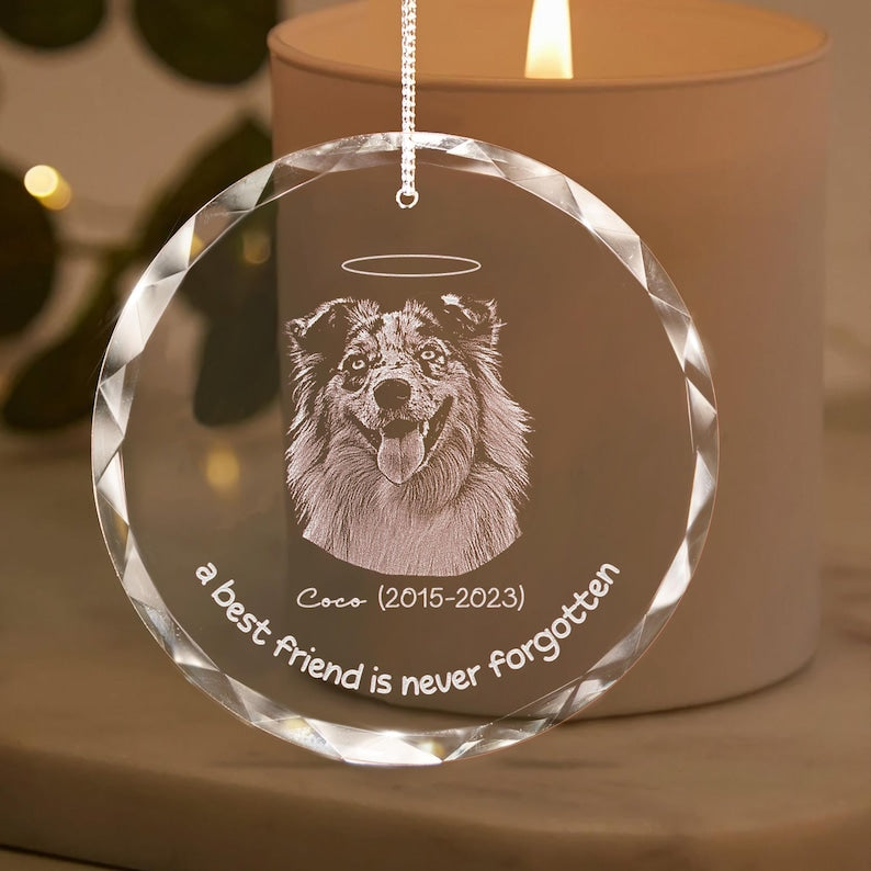 Personalized Pet Memorial Crystal Ornament, Engraved Photo Christmas Ornament, Pet Loss Gifts, Dog Memorial Gifts