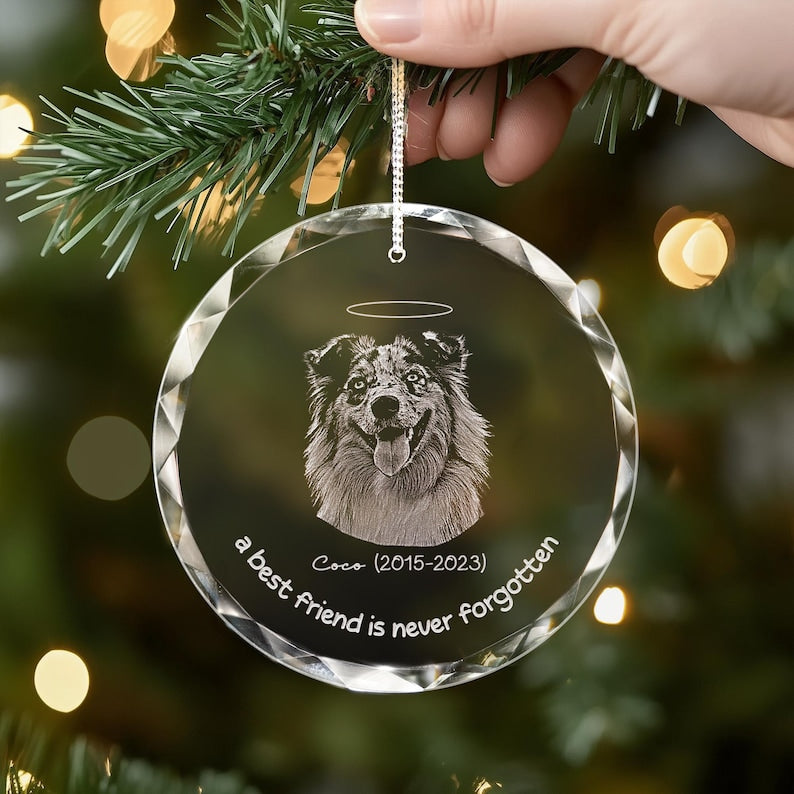 Personalized Pet Memorial Crystal Ornament, Engraved Photo Christmas Ornament, Pet Loss Gifts, Dog Memorial Gifts