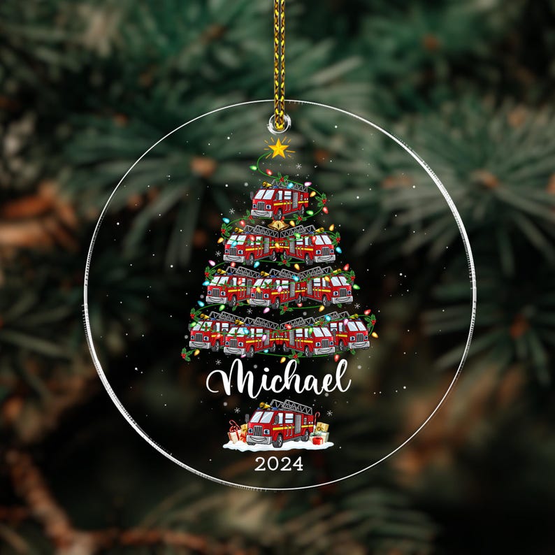Personalized Firefighter Truck Acrylic Christmas Ornament, Custom Fire Truck Ornament, Firefighter Gifts, Christmas Gift For Firefighter