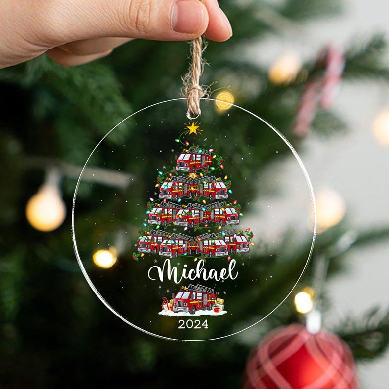 Personalized Firefighter Truck Acrylic Christmas Ornament, Custom Fire Truck Ornament, Firefighter Gifts, Christmas Gift For Firefighter