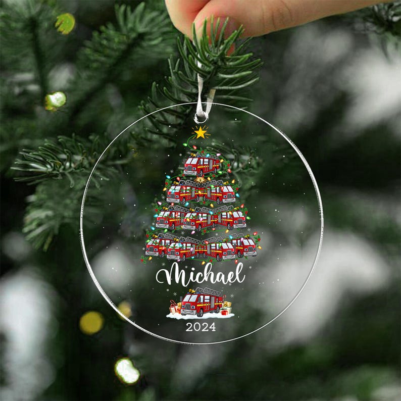 Personalized Firefighter Truck Acrylic Christmas Ornament, Custom Fire Truck Ornament, Firefighter Gifts, Christmas Gift For Firefighter