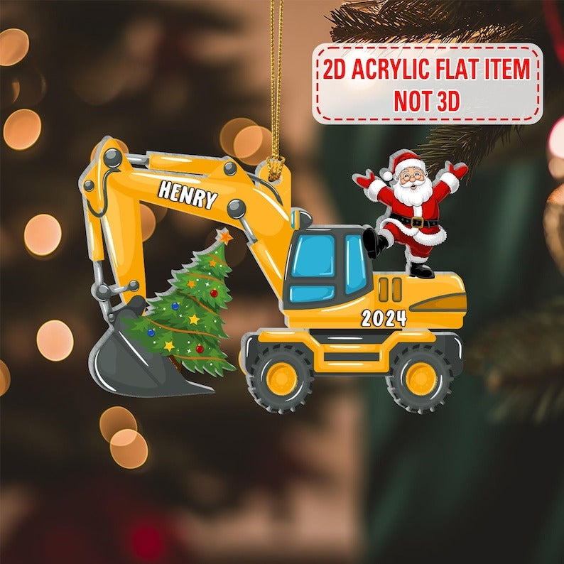 Personalized Xmas Excavator Construction Ornament, 2D Acrylic Flat Ornament Not 3D, Ornaments For Kids, Ornament Backhoe, Xmas Gift For Kids
