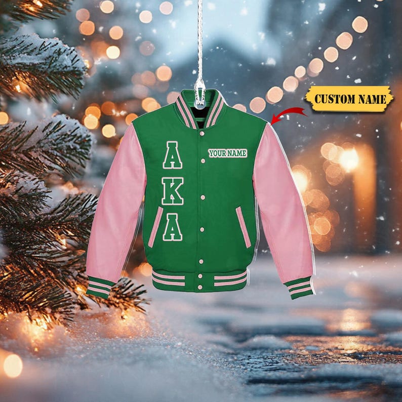 Custom AKA Varsity Jacket Ornament 2D - Personalized Alpha Kappa Alpha Sorority Green and Pink Jacket, Ideal Christmas Gift for AKA Members